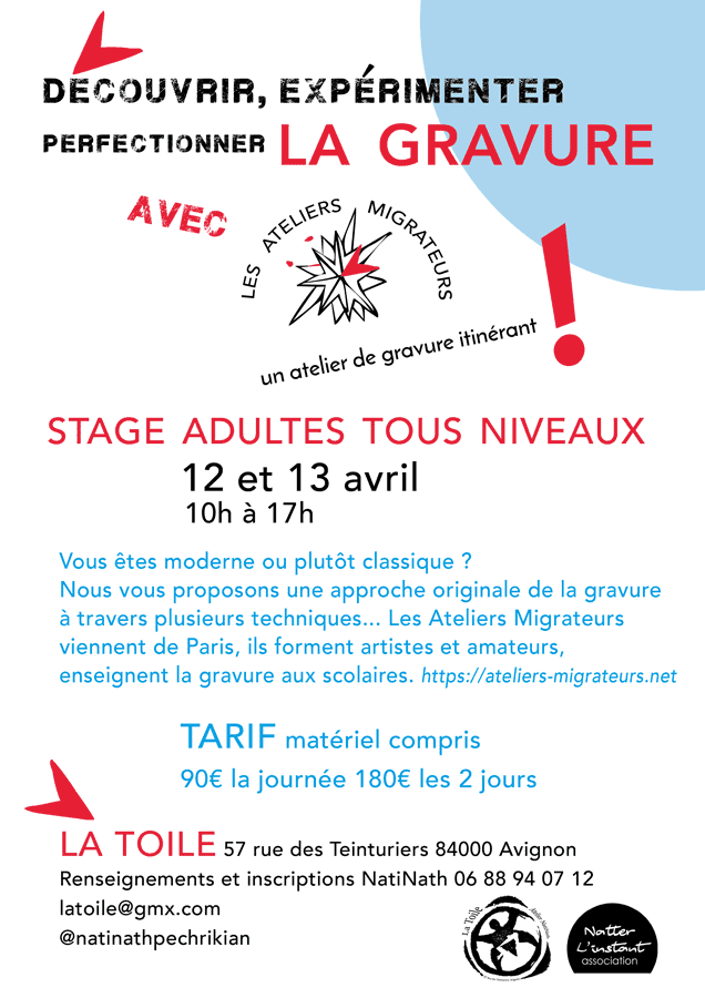 affiche stage adultes, Avignon, atelier la Toile