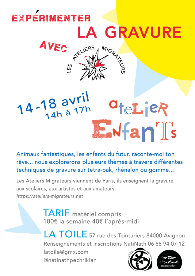 gravure à Avignon, atelier enfants, atelier la Toile, NatiNath Pechrikian