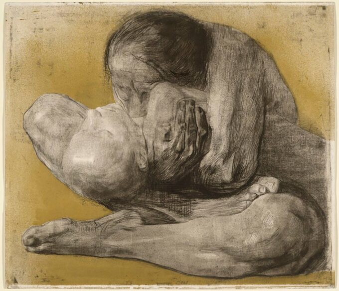 Käthe Kollwitz femme à l'enfant mort 1903 pointe sèche gravure au vernis mou
